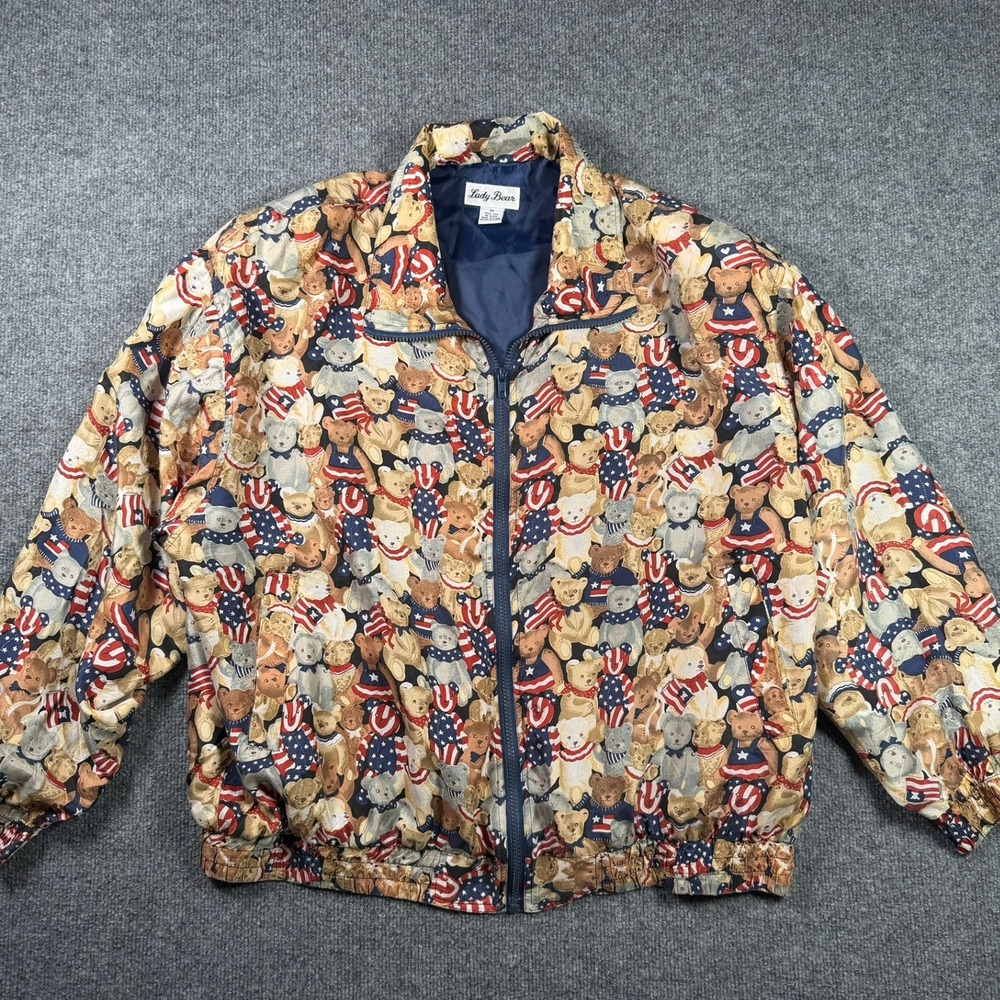 Lady Bear Silk Bomber Jacket Womens 3X Multicolor Americana Teddy Bear Vintage